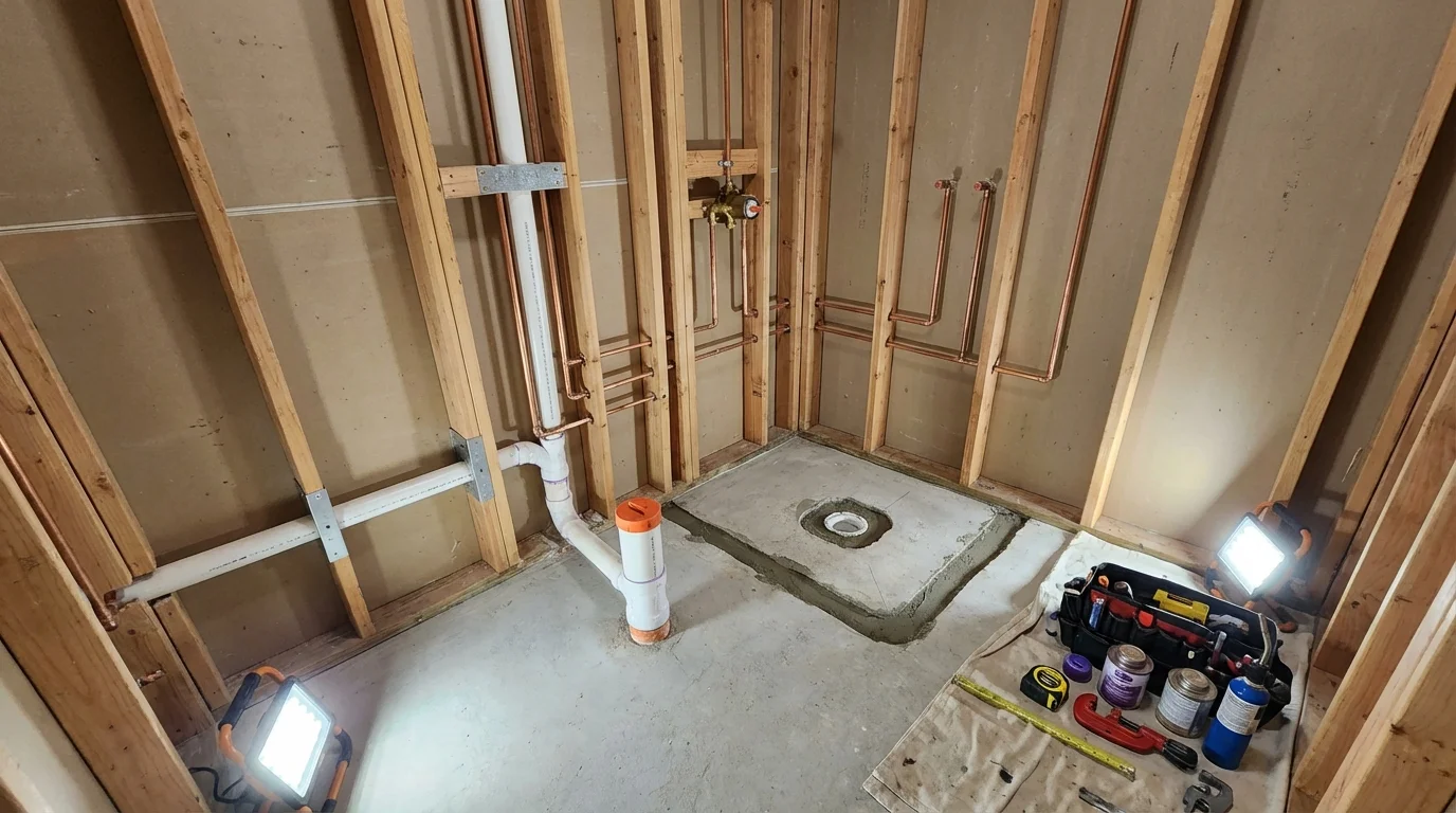 Bathroom rough-in plumbing during remodel by Johns Plumbing LLC in New Gloucester