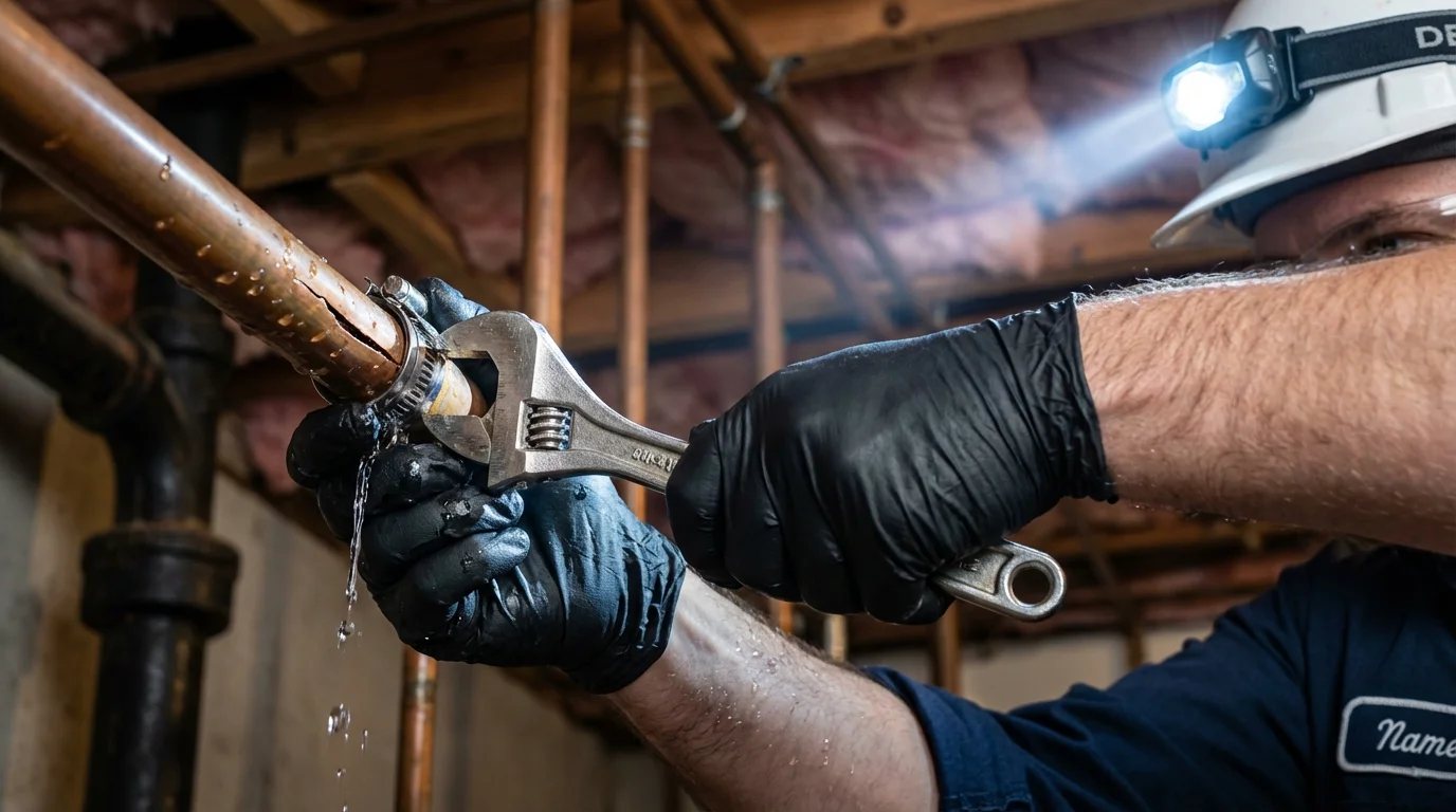 Emergency pipe clamp repair being performed by a Johns Plumbing LLC plumber in New Gloucester
