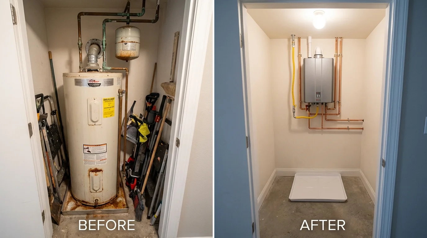 Tank water heater versus wall-mounted tankless unit comparison for New Gloucester, ME homeowners