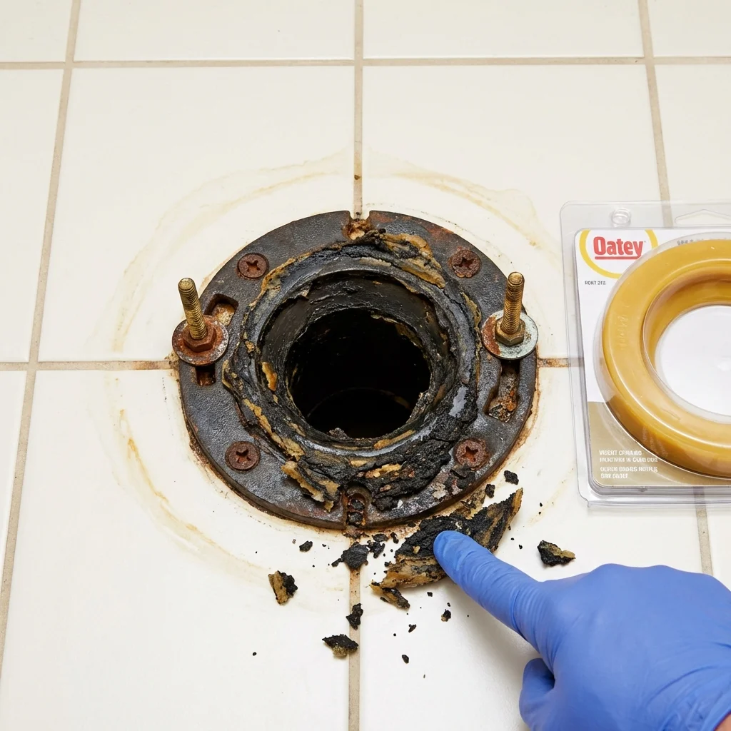 Failed wax ring showing water seepage at the base of a toilet in a New Gloucester, ME home