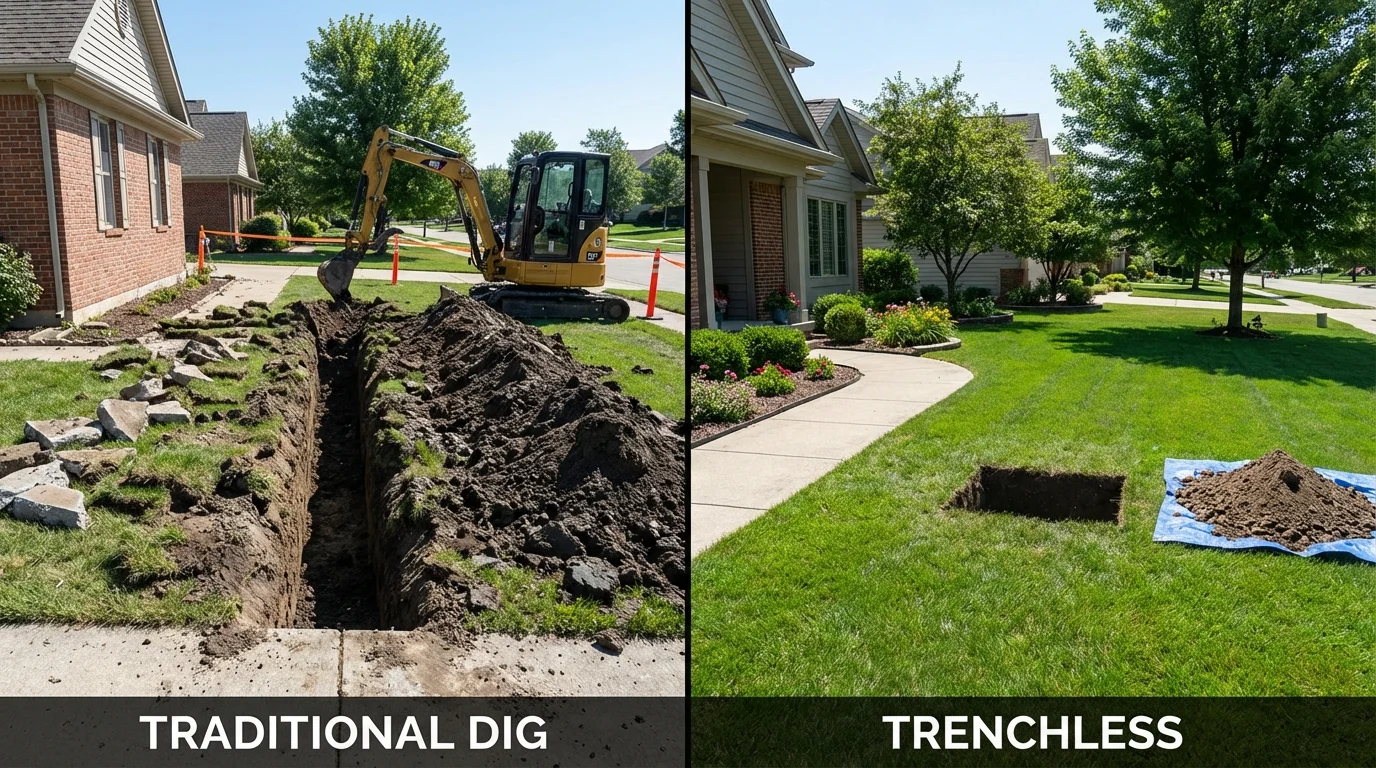 Trenchless sewer repair with minimal yard damage versus traditional excavation in New Gloucester, ME